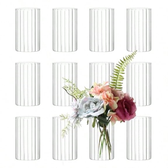 12Pcs Glass Cylinder vases for Centerpieces 6 Inches Clear Ribbed Bud Vases for Wedding Decorations Floral Vase Bulk Flower vases Tall Glass Hurricane Candle Holder for Table Shelf Party Ribbed