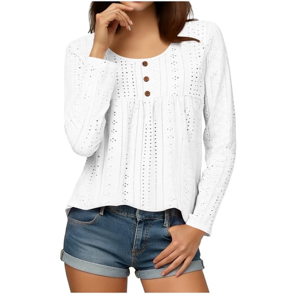 Lenpel Tunic Tops for Women Dressy Casual Long Sleeve Scoop Neck Pleated Curved Hem Eyelet Embroidered T Shirts Loose Tee Blouses(White,X-Large)