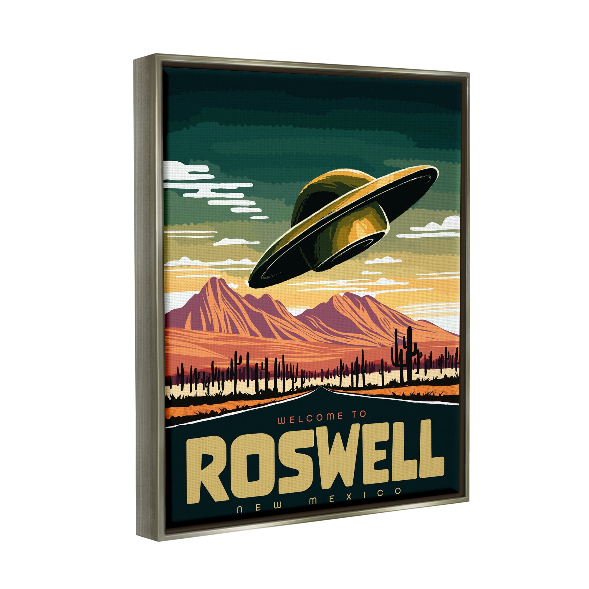 Stupell Industries Welcome Roswell New Mexico UFO Travel & Places Painting Gray Floater Framed Art Print Wall Art