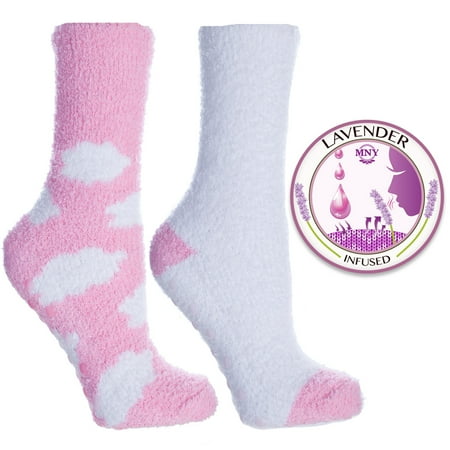 Chenille Womens Socks - MinxNY - 2 Pair Pack of Women's Kissables Lavender Infused Chenille Fluffy Socks - Pink and White with Pink Clouds