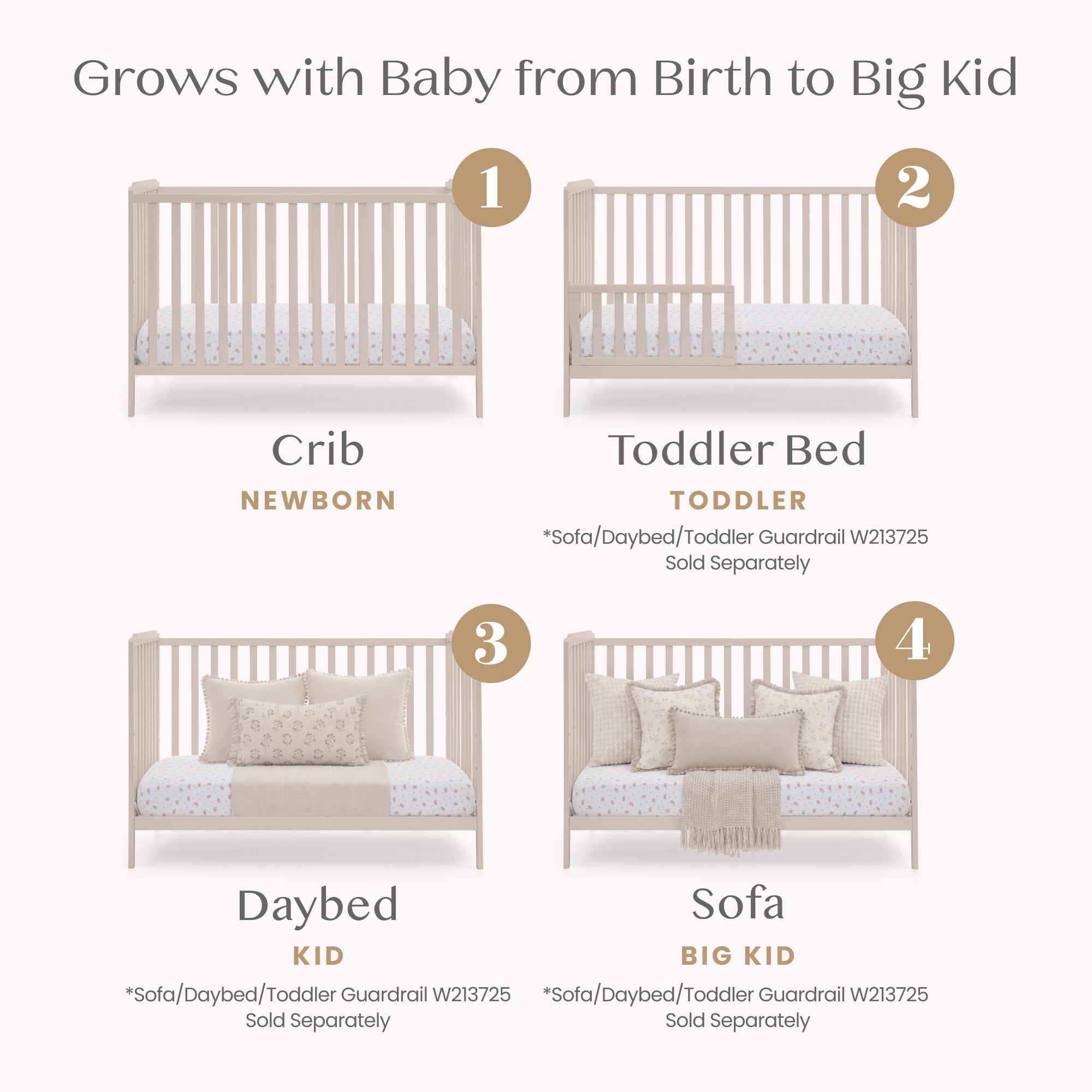 Delta Children Emmie 4-in-1 Convertible Crib - Converts from Baby Crib to Toddler Bed, Daybed and Sofa Bed, Fits Standard Full-Size Crib Mattress, Soft Beige