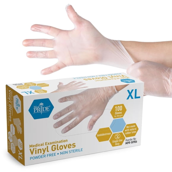 Guantes de examen de vinilo MED PRIDE talla XL, sin polvo ni látex, 100 unidades