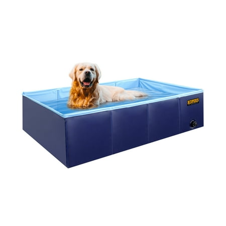 UPC: 0016463337676 | Plastic Dog Pool 43 x 27 Inches Rectangular Foldable Portable Outdoor Grooming Kiddie Pool For Dogs – Blue- Large