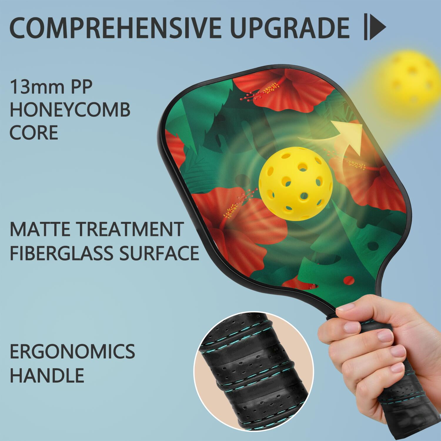 Pickleball Paddles Set Of 1, Fiberglass Surface, Tropical Leaf Print, 1 Paddle, 2 Balls & Bag