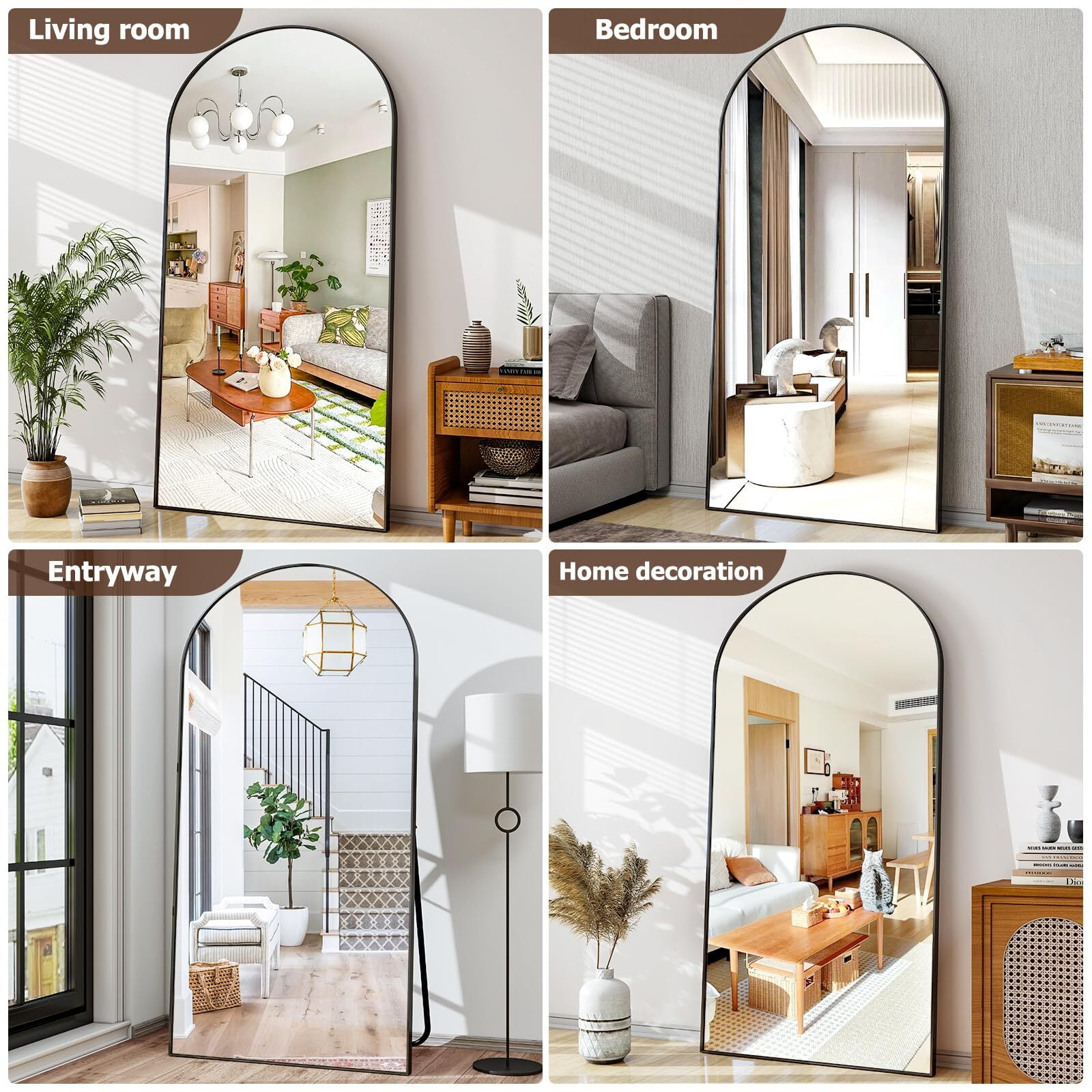GRAHMCY 78" x 35.2" Arched Large Full Length Mirror Wall Mounted Floor Mirror with Stand, Black
