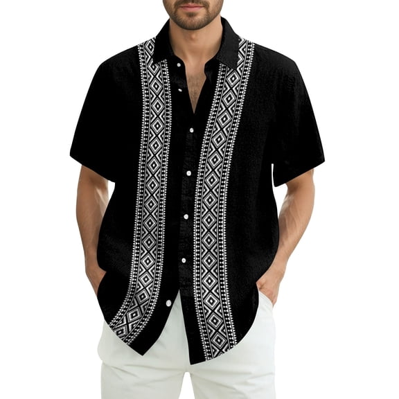 Lumtrix Cuban Guayabera Shirts for Men Short Sleeve Casual Button Down Hawaiian Shirt Band Collar Beach Camp Mexican Shirt Black L