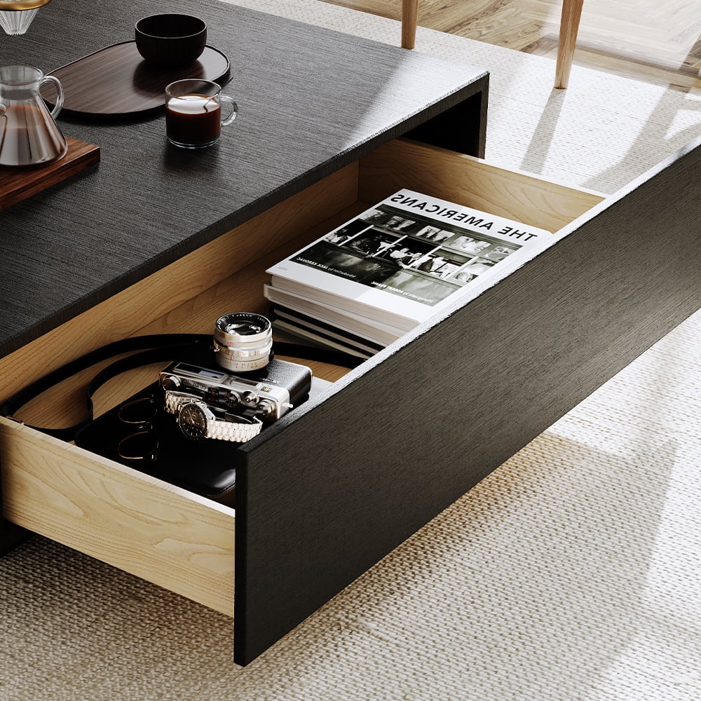 POVISON Mid Century Modern Coffee Table, Minimalist Wood Veneer Coffee Table with Storage for Living Room, Fully-assembled, 39.37", Black