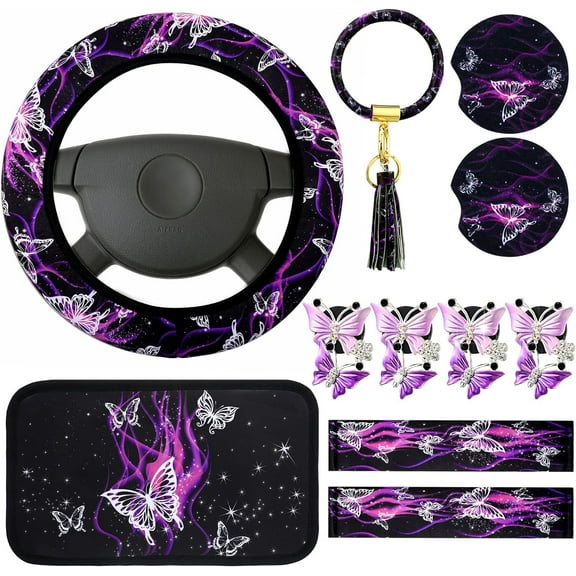 16 Pcs Butterfly Car Accessories Purple Steering Wheel Cover Air Fresheners Vent Clips Seat Belt Pads Cup Holders Armrest Cushion Keyring Bracelet Sheets for Car SUV Interior Halloween Christmas Deco