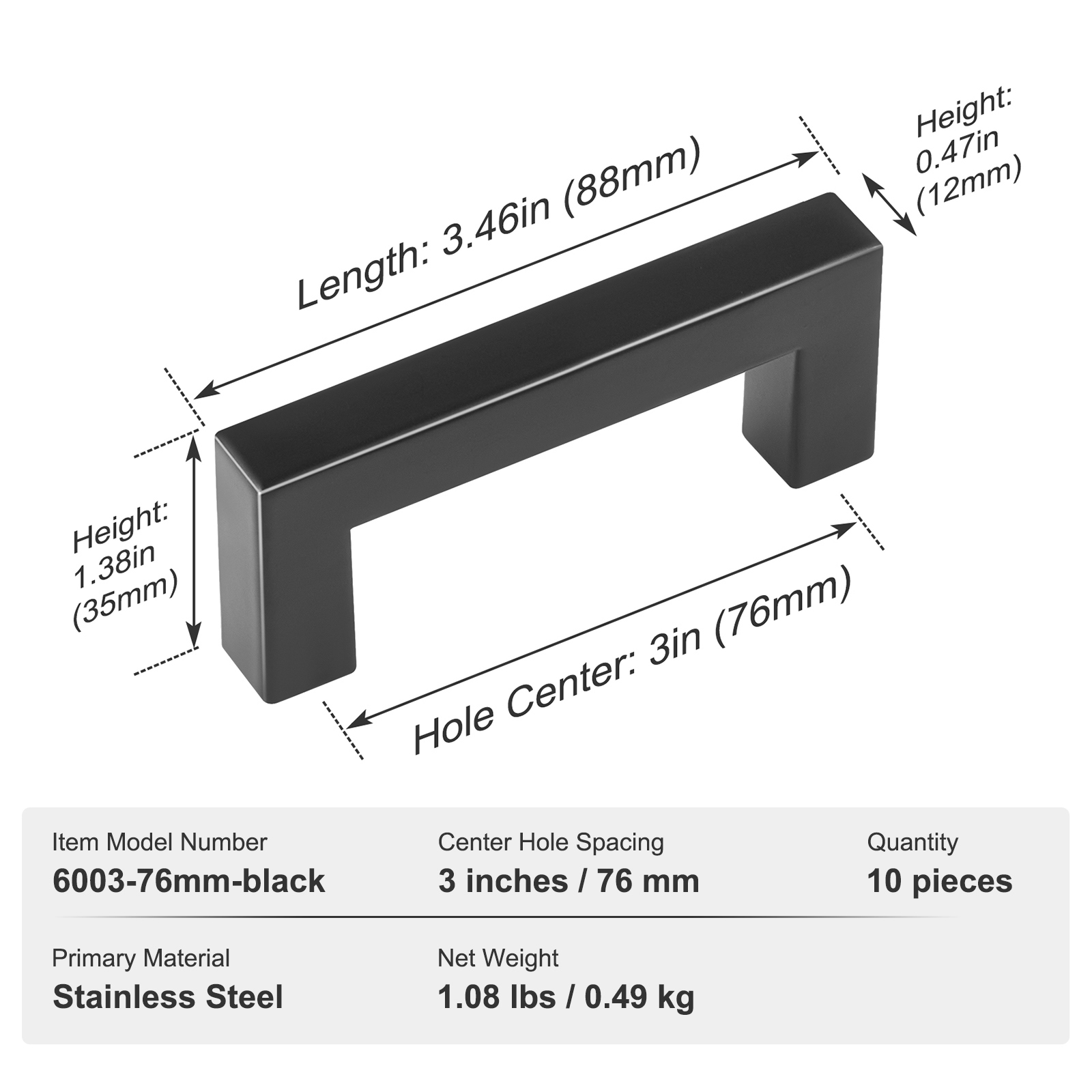 VEVOR 10 Pack Stainless Steel Kitchen Square Cabinet Handles Pulls 3in / 76mm