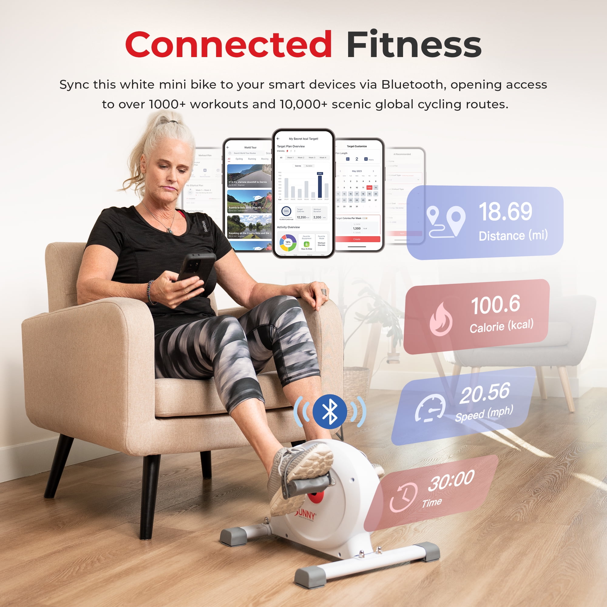 Sunny Health & Fitness Mini Leg + Arm Pedal Exerciser, Under Desk & Desktop w Smart Bluetooth & FREE SunnyFit® App - SF-B023005WHT