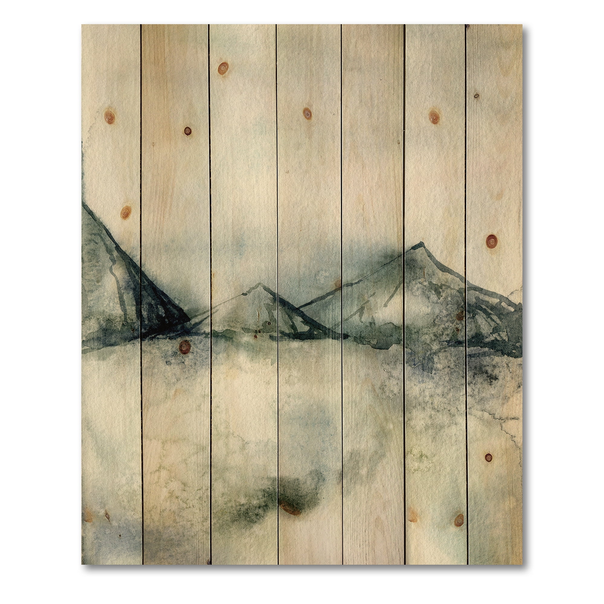 Designart 'Dark Blue Mountain Landscape Winter Minimalistic' Modern Print on Natural Pine Wood