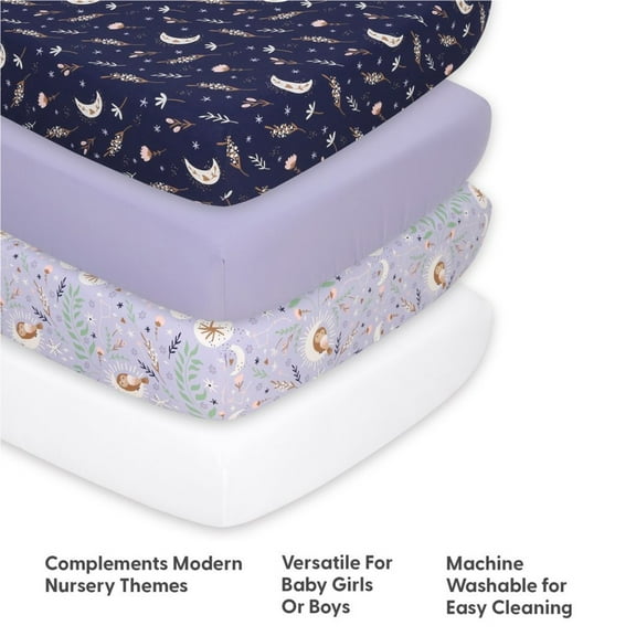The Peanutshell Purple Floral Moon Celestial Microfiber Fitted Crib Sheets for Baby Girl, 4 Pack Set