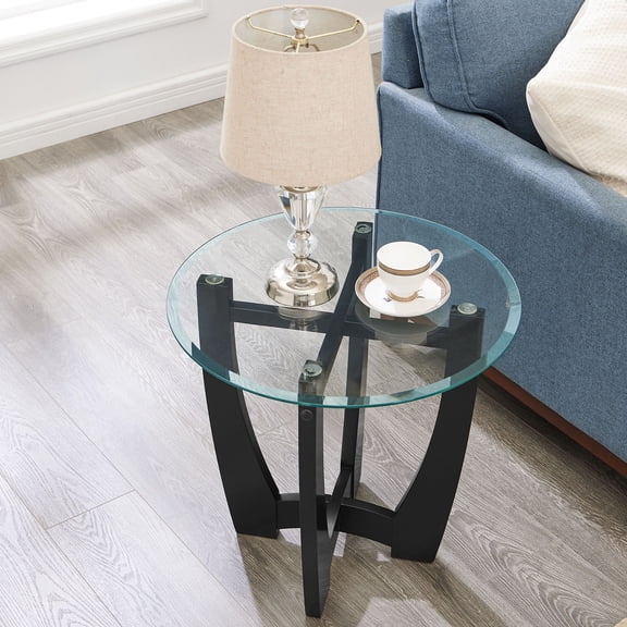 CQSXDA Black Round Coffee Table with Clear Glass Top 23.5 Inch for Living Room Office and Apartment Decor