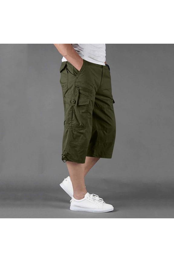 Men's Cargo Capris for Men Solid Color Button Elastic Waist Pocket Casual Work Cropped Pants Gift
