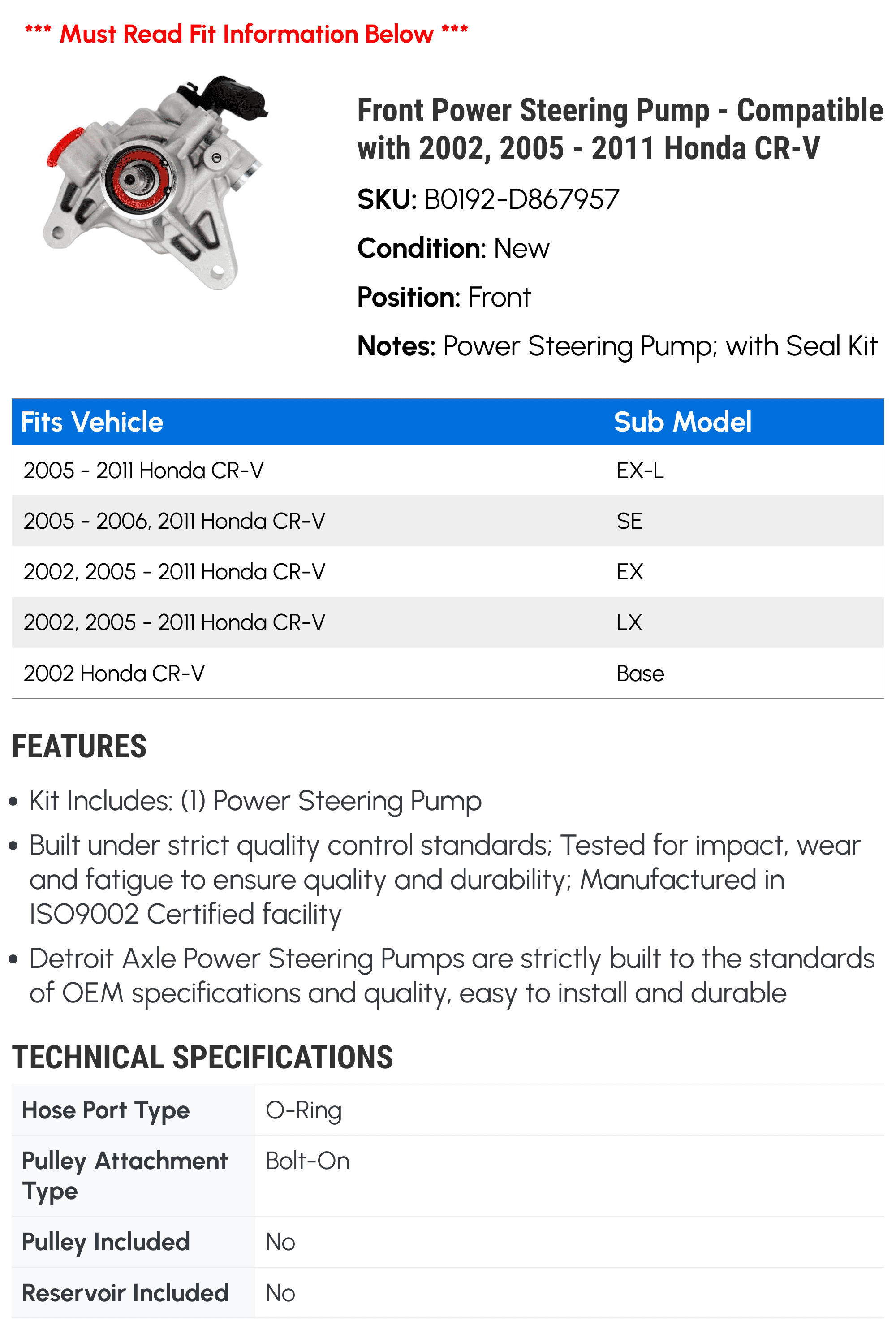 Front Power Steering Pump - Compatible with 2002, 2005 - 2011 Honda CR-V 2006 2007 2008 2009 2010