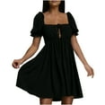 thumbnail image 1 of Robe for Femmes Col Carré Manches Courtes Volant Robe Douce Solide Réglable Laçage Été une Ligne de Mini Robe Swing, 1 of 7