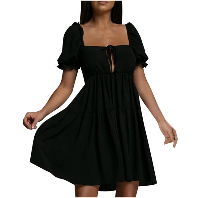 Robe for Femmes Col Carré Manches Courtes Volant Robe Douce Solide Réglable Laçage Été une Ligne de Mini Robe Swing