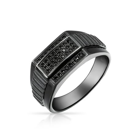 Geometric Cubic Zirconia Black CZ Rhodium 925 Sterling Silver Signet Championship Ring For