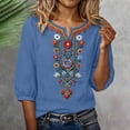 thumbnail image 6 of Qulqfy Embroidered Shirts for Women Fall 3/4 Sleeve Floral Casual Blue Tunic Comfy Cute Henley V-Neck Tshirts 3XL, 6 of 8