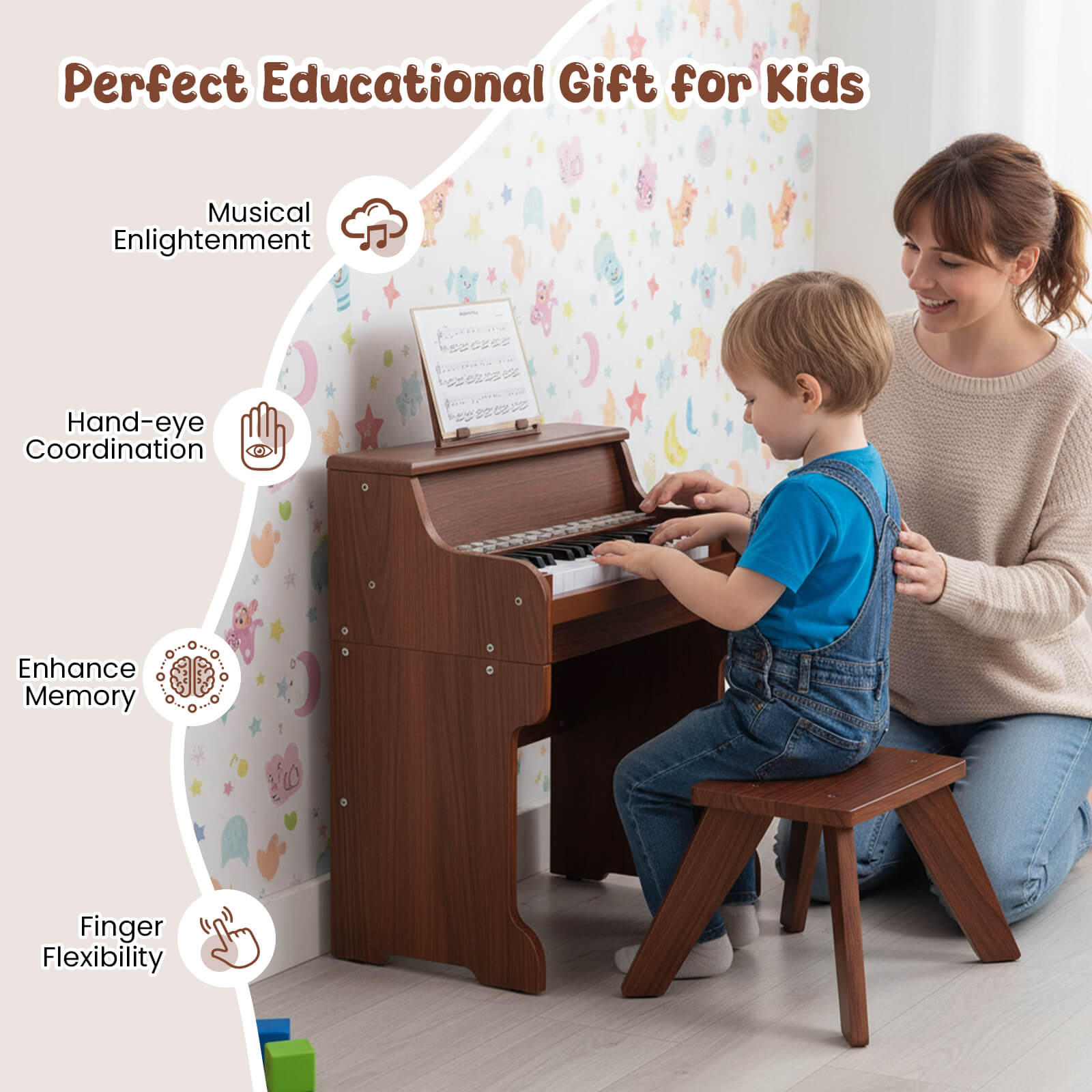Costway 25 Keys Digital Piano with Music Stand Stool Lighted Keys Teaching Mode for 3+ Kids Brown