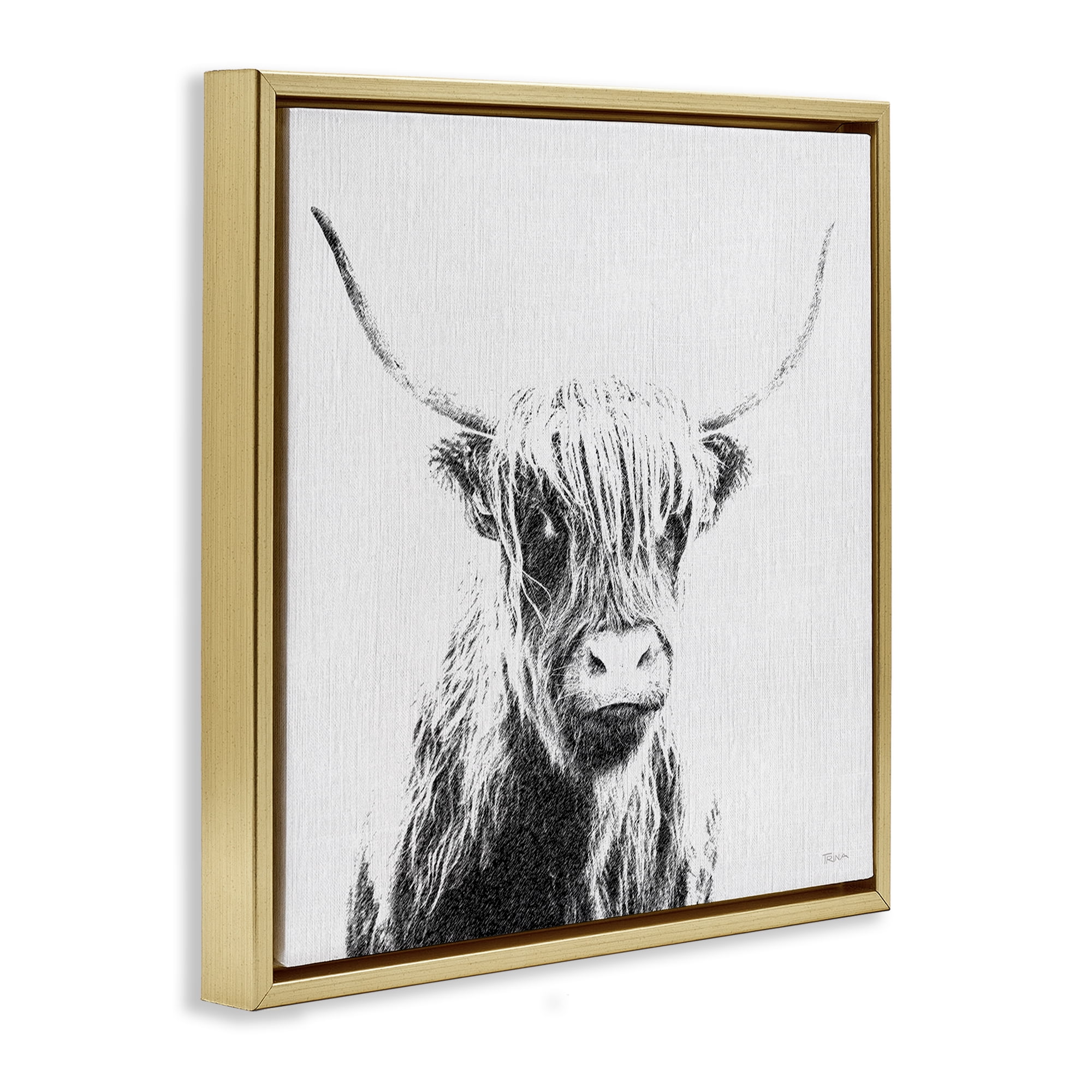 Stupell Industries Longhorn Sketch in Grey Animals Painting Gold Floater Framed Canvas Art Print Wall Art, 25 x 25
