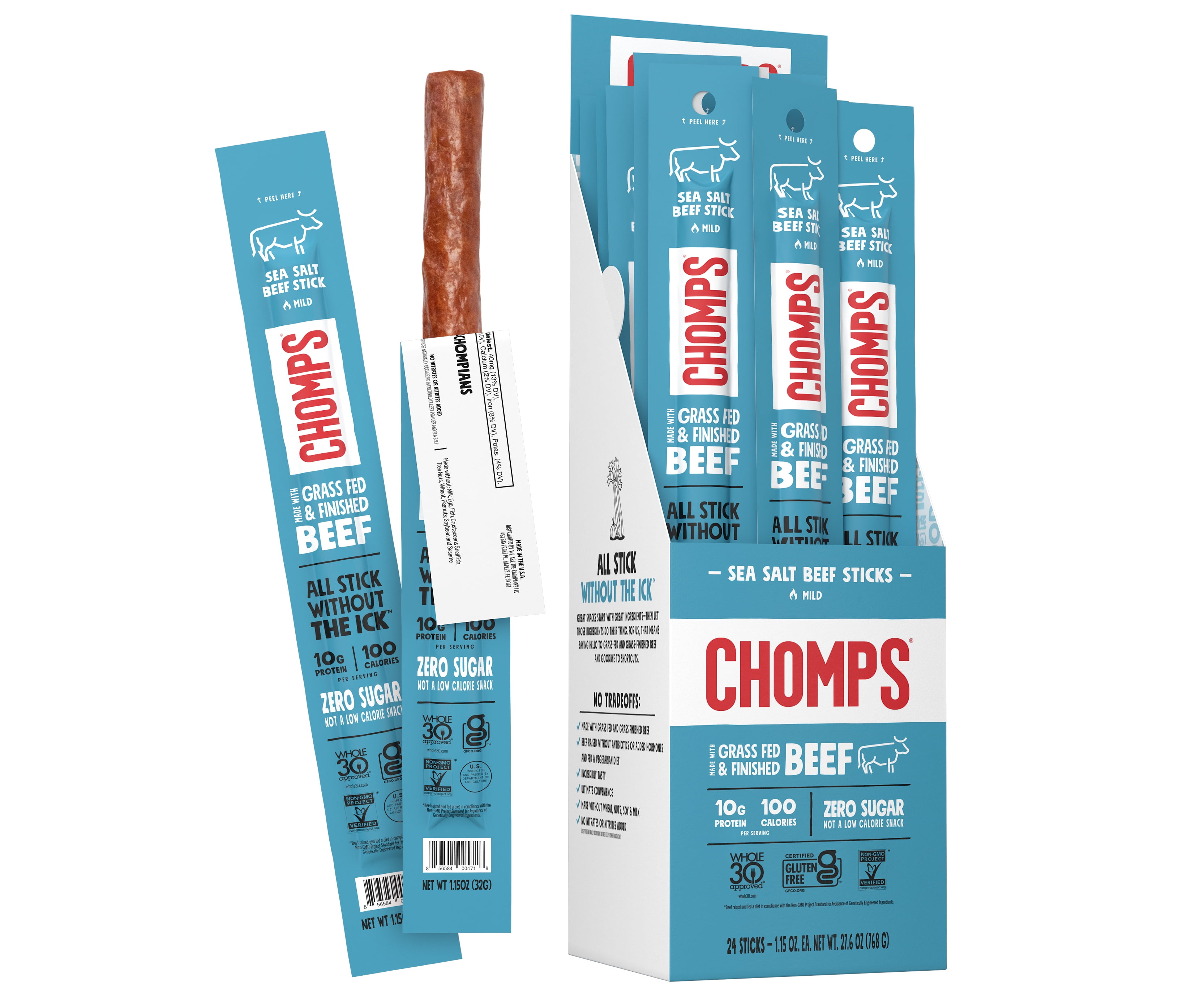 Chomps Grass-Fed and Finished Sea Salt Beef Meat Sticks, 10g of Protein, Certified Gluten Free and Free From the Top 9 Allergens