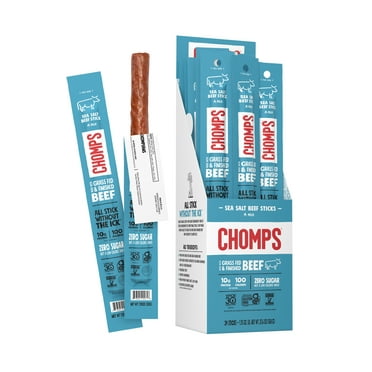 Chomps Grass-Fed and Finished Sea Salt Beef Meat Sticks, 10g of Protein, Certified Gluten Free and Free From the Top 9 Allergens