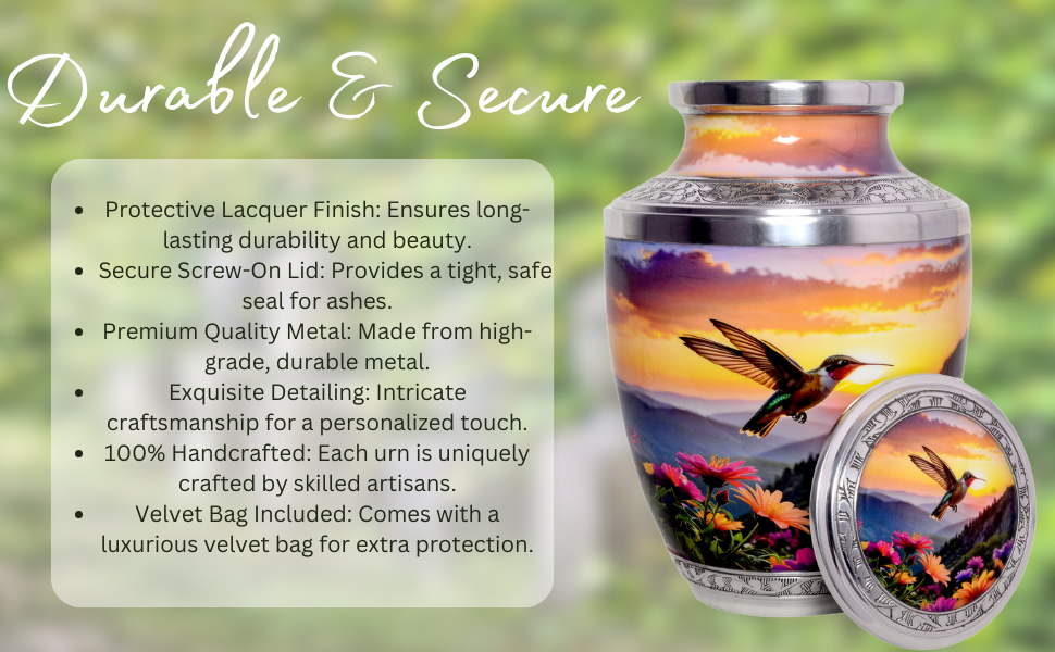 Premium Hummingbird Cremation Urn for Adult Ashes – Floral Engraved Metal Urn for Human Ashes up to 200 lbs