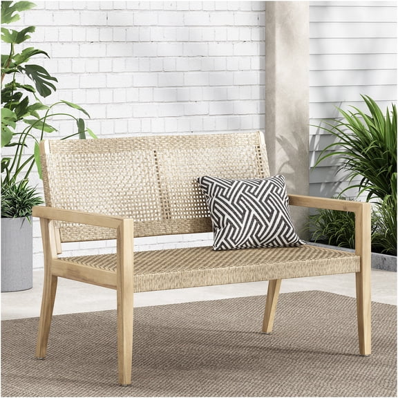 JERFIT Outdoor Acacia Wood Loveseat with Wicker Weave, All-Weather Patio Sofa for Porch, Poolside & Garden, Light Brown 2-Seater Bench