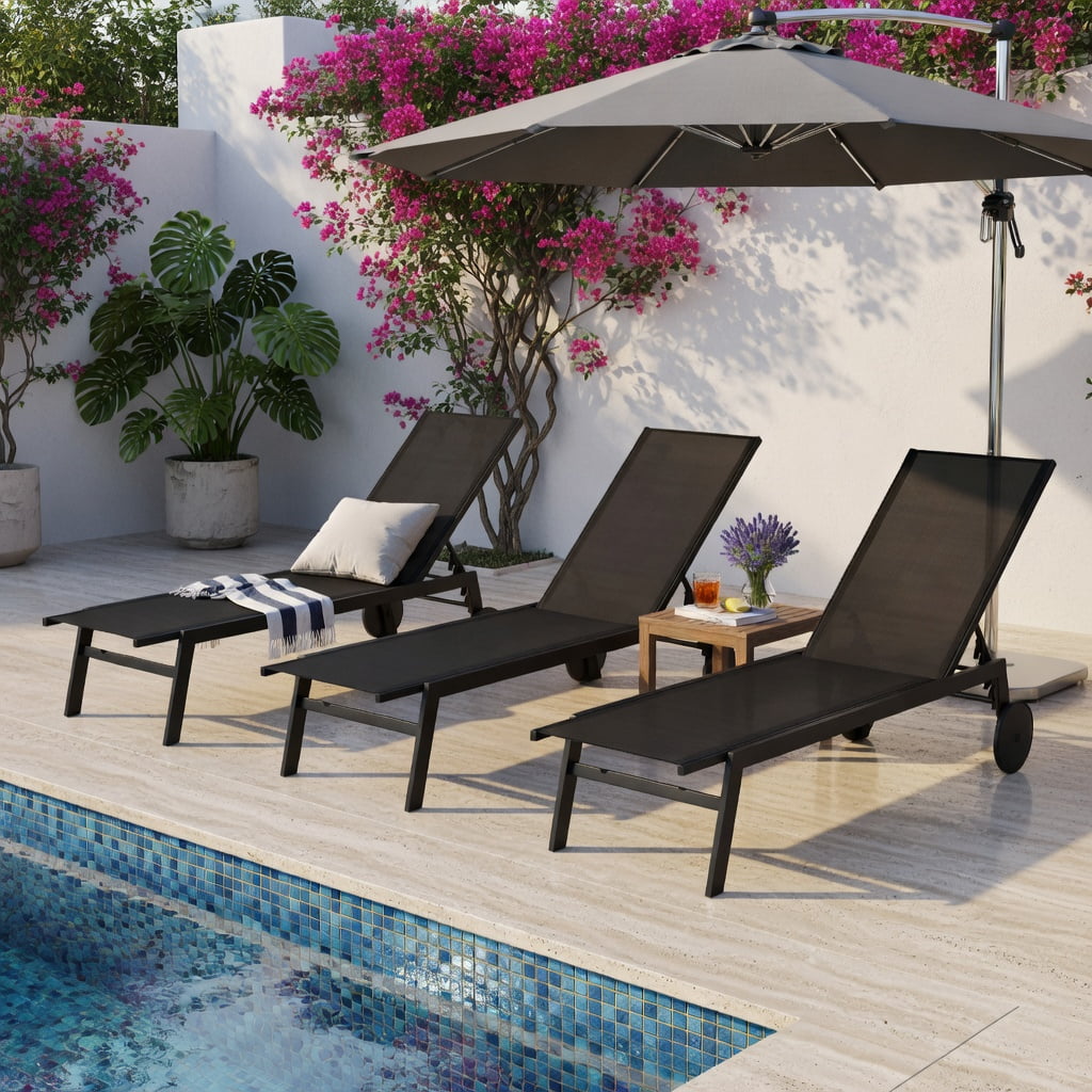 Hommoo Adjustable Patio Chaise Lounge Chair with 6-Position Backrest, Smooth-Rolling Wheels & Breathable Fabric, Metal Outdoor Recliner for Poolside, Deck & Backyard, Black