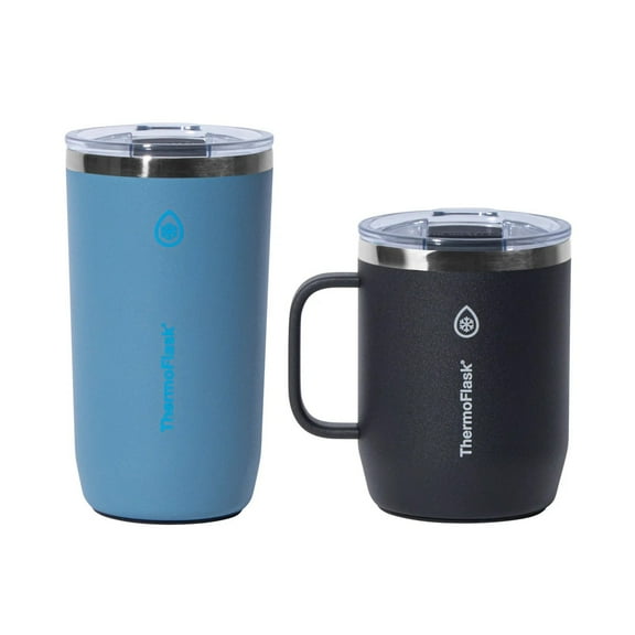 ThermoFlask Stainless Steel Insulated Coffee Mug Set, 2 Pack (Blue/Black)