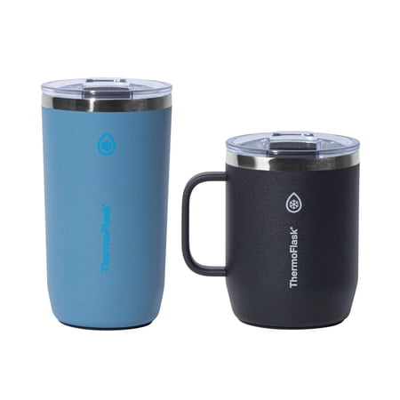 ThermoFlask Stainless Steel Insulated Coffee Mug Set, 2 Pack (Blue/Black)