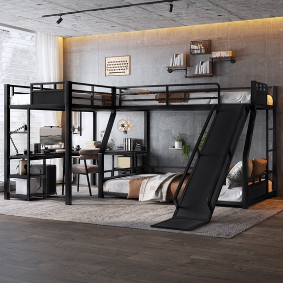L-Shaped Metal Bunk Bed (Top bed: twin, bottom bed: full) with Single Loft Bed, Desk, and Storage Shelves, USB Charging Port Included, Metal Triple Bunk Bed with Slide, Black