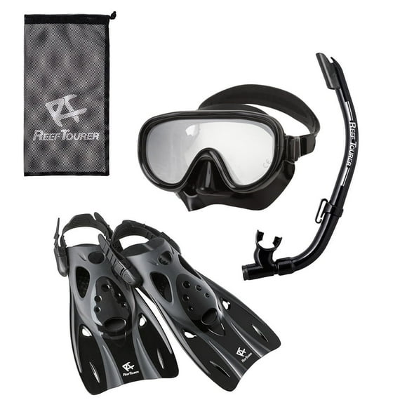 Reef Tourer Conjunto de Viaje para Adultos con Máscara, Tubo y Aletas de una Sola Ventana, Color Negro, Tamaño Grande