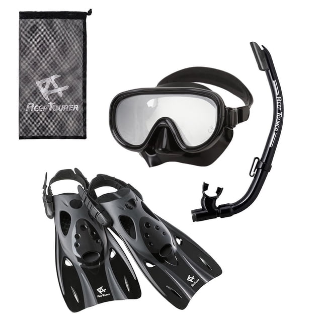 Reef Tourer Conjunto de Viaje para Adultos con Máscara, Tubo y Aletas de una Sola Ventana, Color Negro, Tamaño Grande