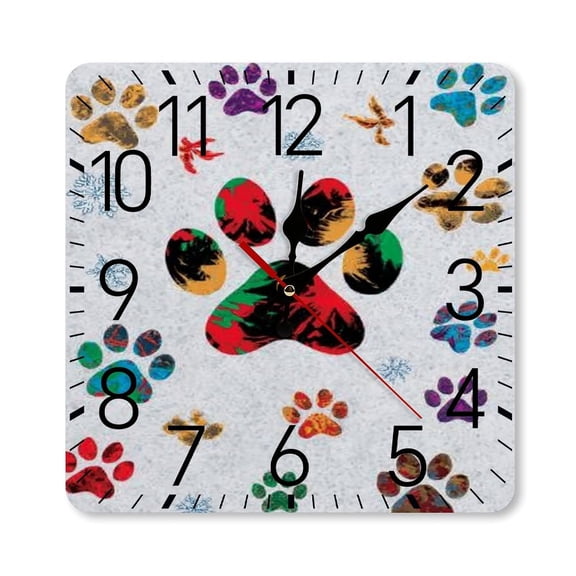 RKSupls 10×10inch Square Silent Wall Clock Wooden Frame, Colorful Paw Prints Scale Decorative Clock for Home Bedroom Living Room Office
