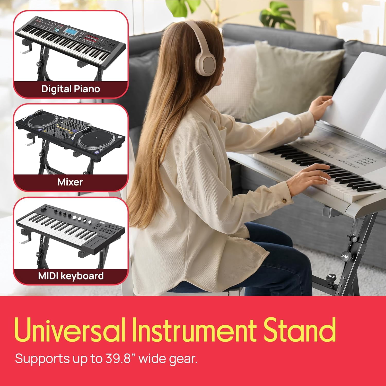 Universal Electronic Black Heavy-Duty Z Style Keyboard Organ Holder Rack Portable Piano Stand W/Adjustable Height and Width, Locking Wheels