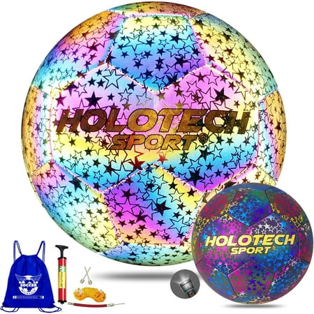 WTOPSBO Soccer Ball Size 4/5 Holographic Reflective Glowing Soccer Ball Bright PU Leather Soccer Balls for Night Games Training Ideal Gifts for Soccer Fans with Pump