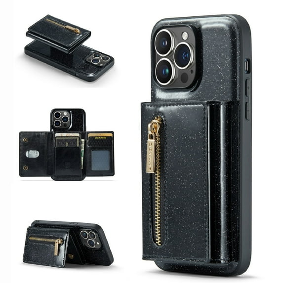 Nalacover Zipper Wallet Case for iPhone 14 Pro Max with Card Slots Holder Magnetic Kickstand, 2 in 1 Design Luxury Shining PU Leather Shockproof Anti-Scratch Cover for iPhone 14 Pro Max,Black