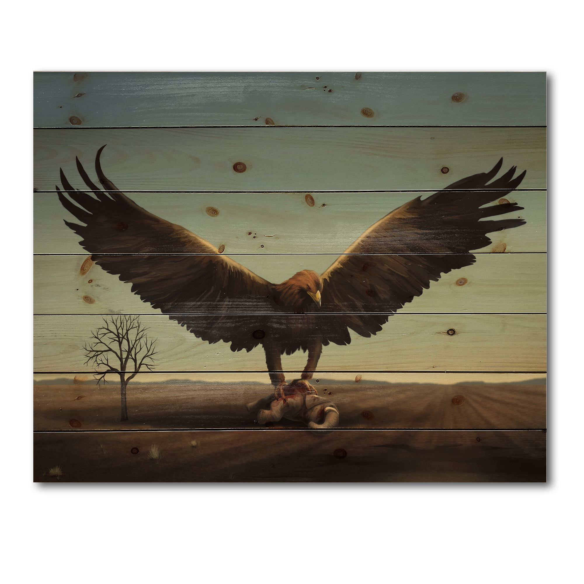 Designart 'Open Wings Roc Bird in Wild' Farmhouse Print on Natural Pine Wood
