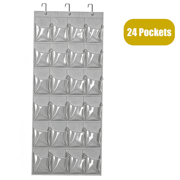 Bonison 24 Pocket Over-the-Door Hanging Shoe Organizer, Space Saving Closet Rack Hanger for Shoes, Pantry and Bathroom Accessories 64" x 18.5" Grey