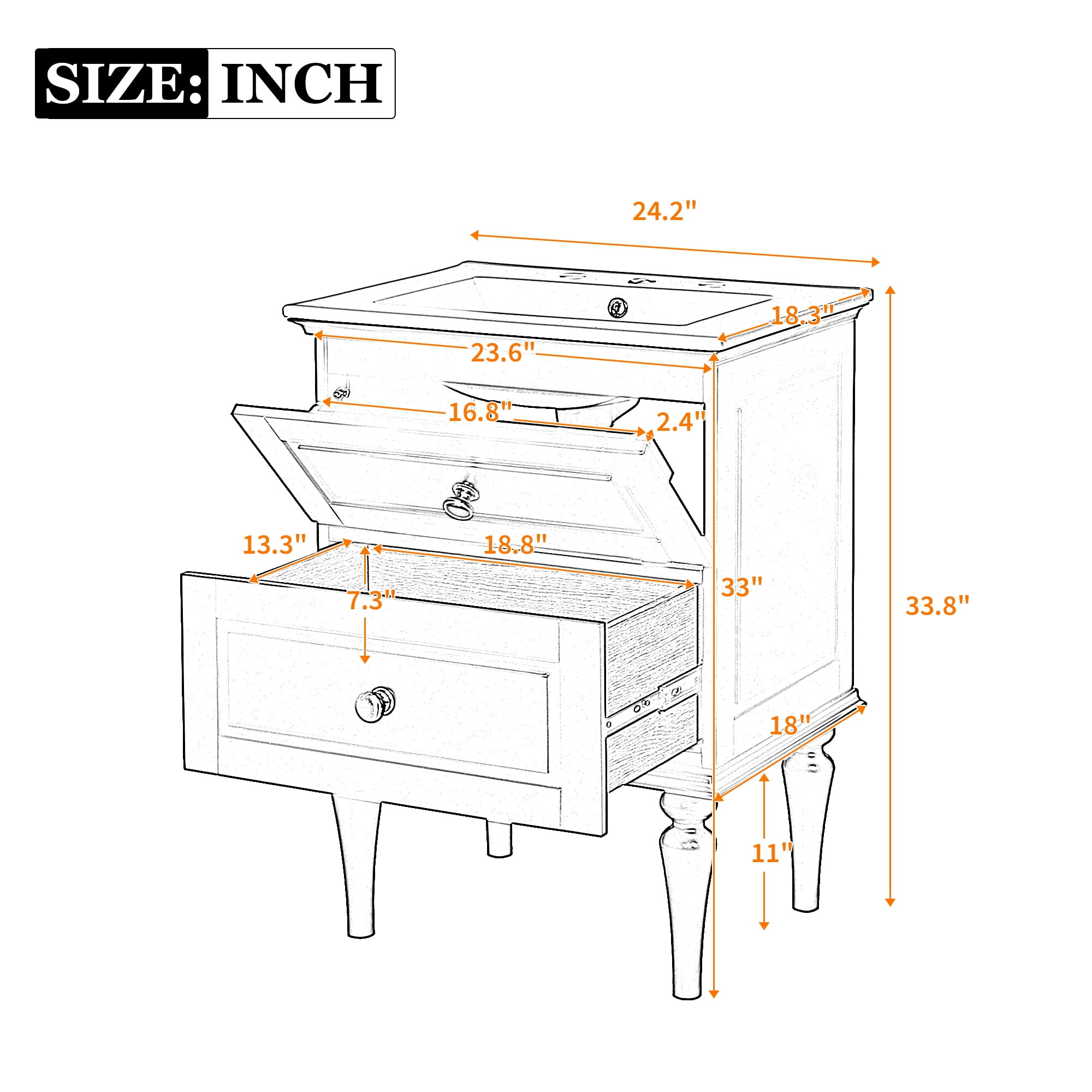 Euroco 24'' Bathroom Vanity Cabinet with Ceramic Sink Combo Set, Solid Wood Frame Modern Bathroom Storage Cabinet with 2 Drawers
