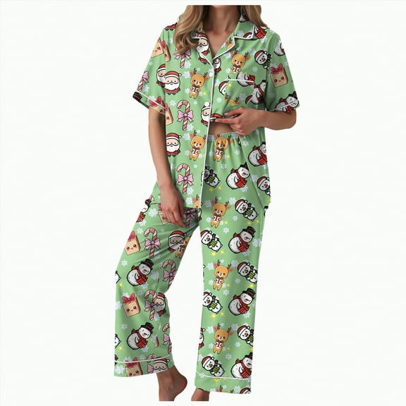 UngA Womens Pajama Sets Christmas Short Sleeve Sleepwear Long Pants Soft Button Down Loungewear Silk Christmas Pajamas for Women,Size S