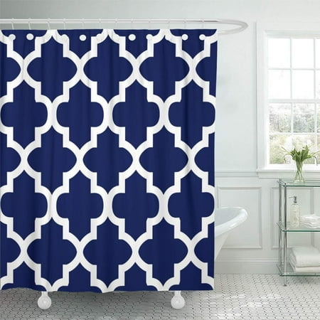 SUTTOM Geometric Rich Blue and White Quatrefoil Trellis Moroccan Shower Curtain 66x72 inch