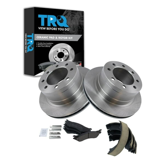 TRQ Rear Brake Pad & Rotor Kit Brake Pads Brake Rotor Parking Brake Shoe Set Ceramic Fits Select 2003-2005 Dodge Ram 2500 Ram 3500