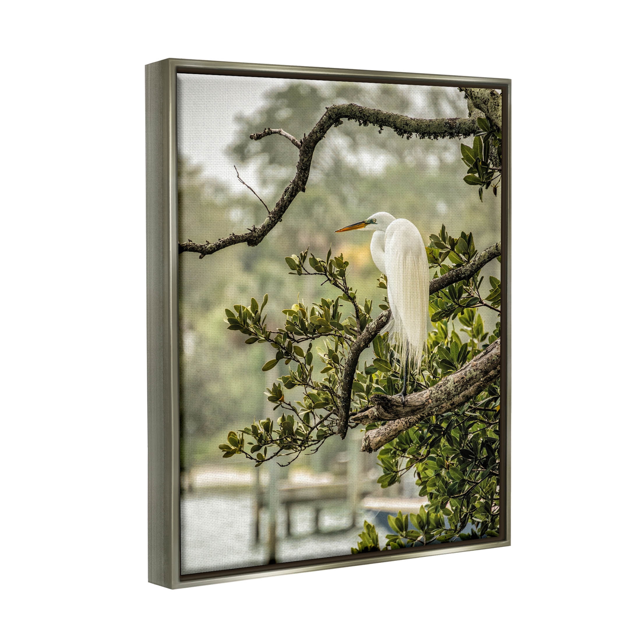 Stupell Industries Elegant Bird Perched Lakeside Tree Photograph Luster Gray Floating Framed Canvas Print Wall Art, Design by Mary Lou Photography