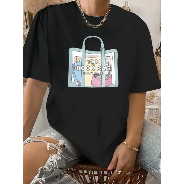 Camiseta de mujer verano Patrón de Corazón cuello redondoRetro-Inspired "The Book Bag" Graphic Tee for Women - Casual Round Neck, Short Sleeve, Polyester, Machine Washable, with Colorful School-Them