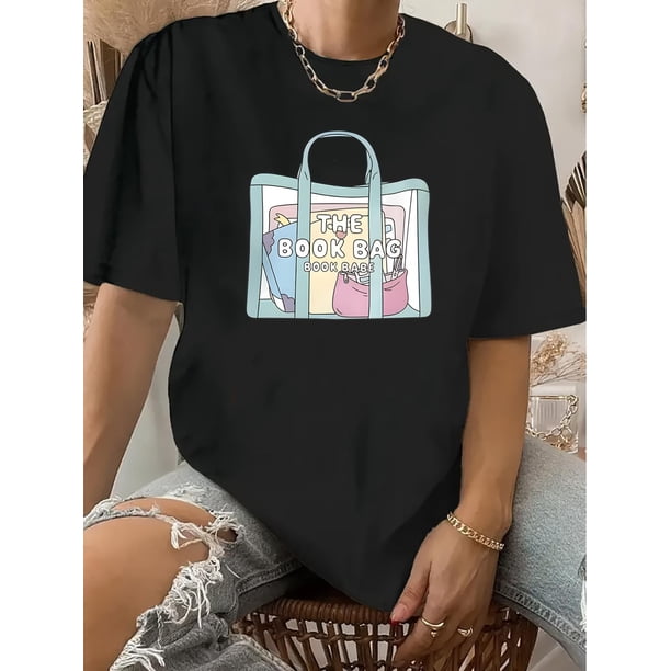 Retro-Inspired "The Book Bag" Graphic Tee for Women - Casual Round Neck, Short Sleeve, Polyester, Machine Washable, with Colorful School-Themed Print