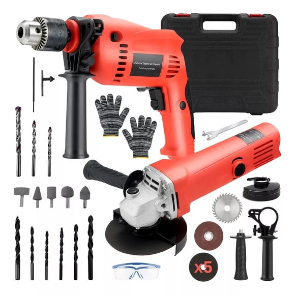 Combo Taladro Rotomartillo + Esmeriladora alambricos Con 30 Accesorios