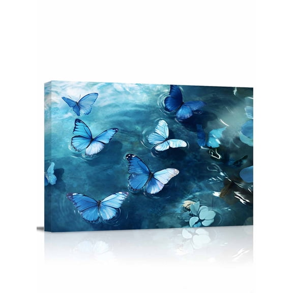 Blue Butterfly Wall Art for Living Room, Canvas Picture Wall Decor for Bathroom Bedroom, Modern Elegant Water Ripples Painting Artwork for Office Kitchen Hallway Dining Room Home Decorations 16"x20"